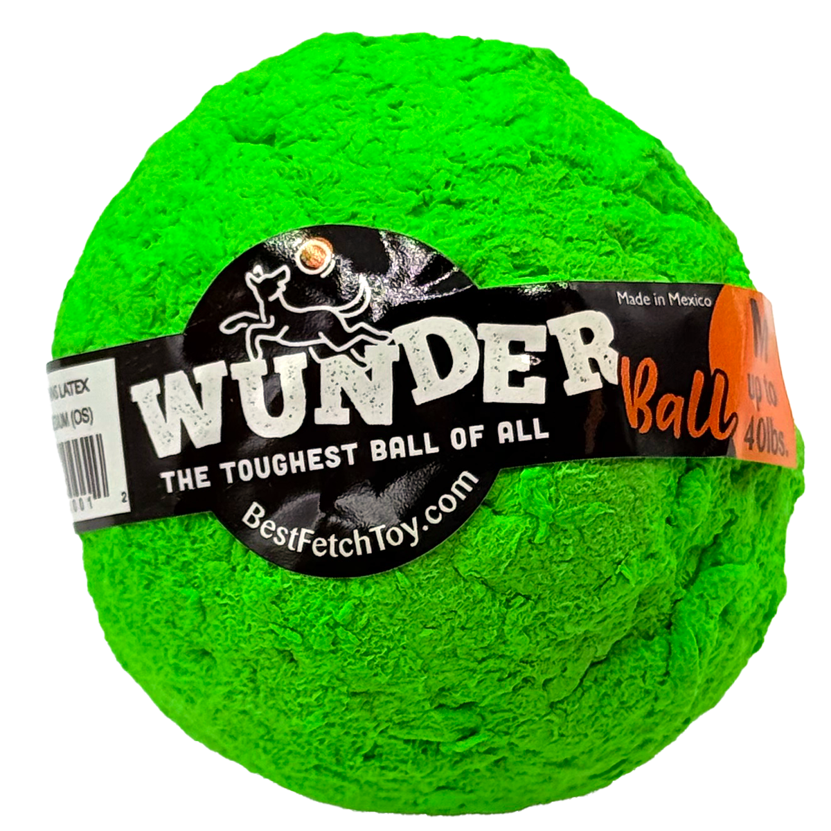 Green textured dog fetch ball with black WUNDER label