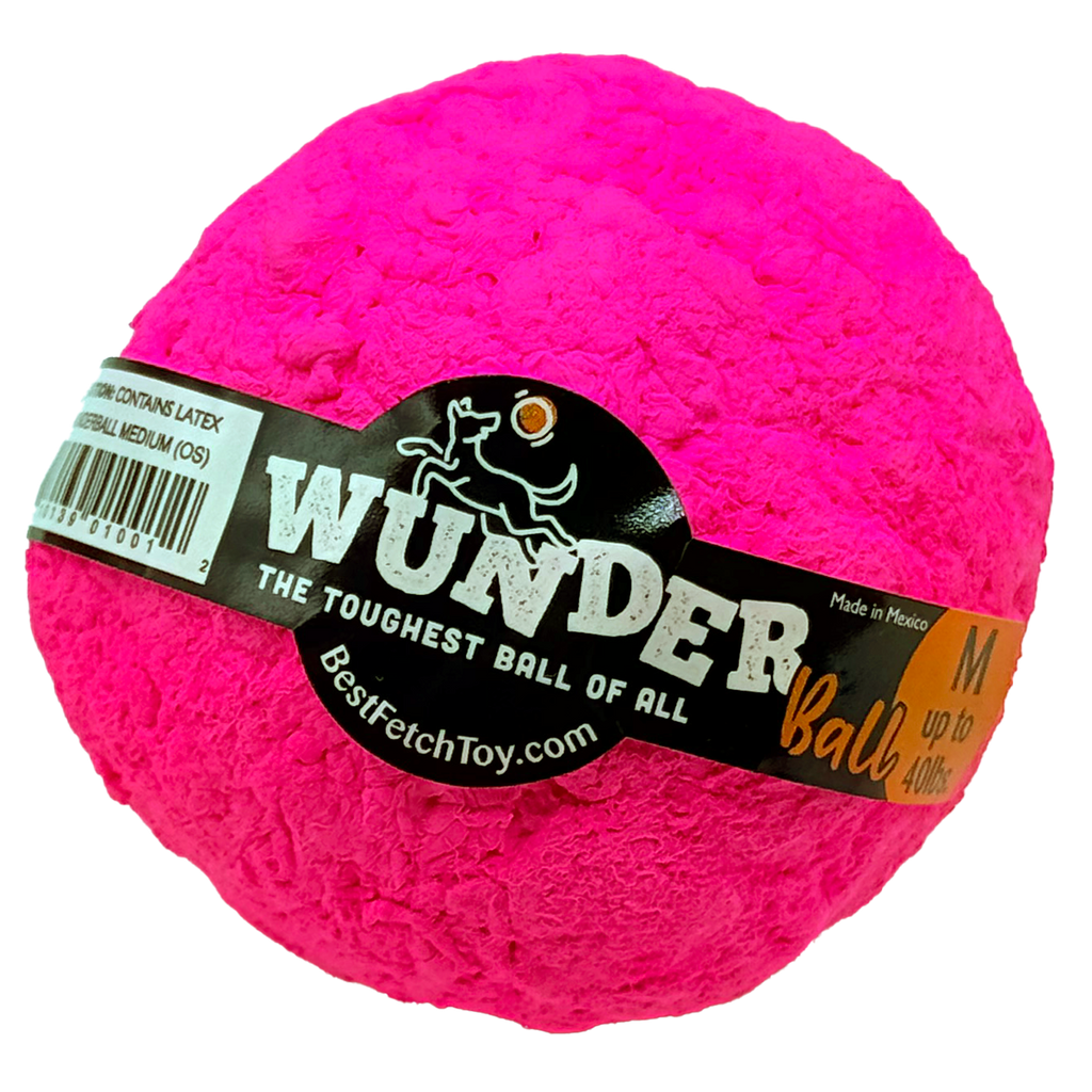 Hot pink latex fetch toy ball with WUNDER label, M size.