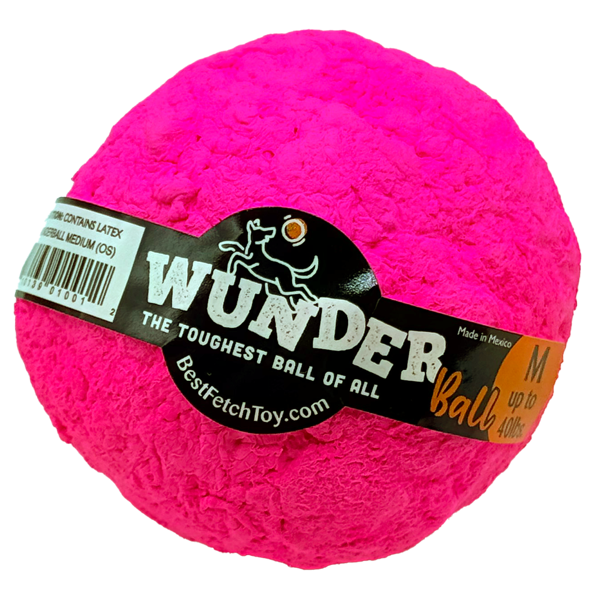 Hot pink latex fetch toy ball with WUNDER label, M size.