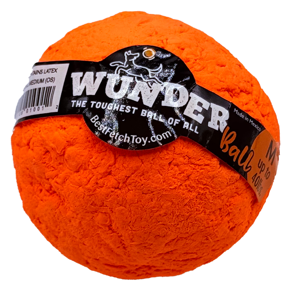 Orange textured dog fetch ball with black WUNDER label