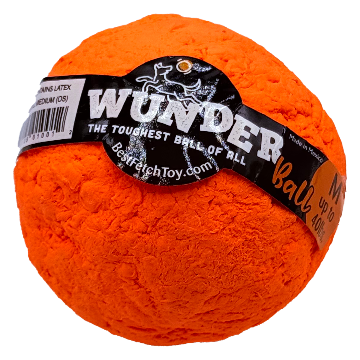 Orange textured dog fetch ball with black WUNDER label