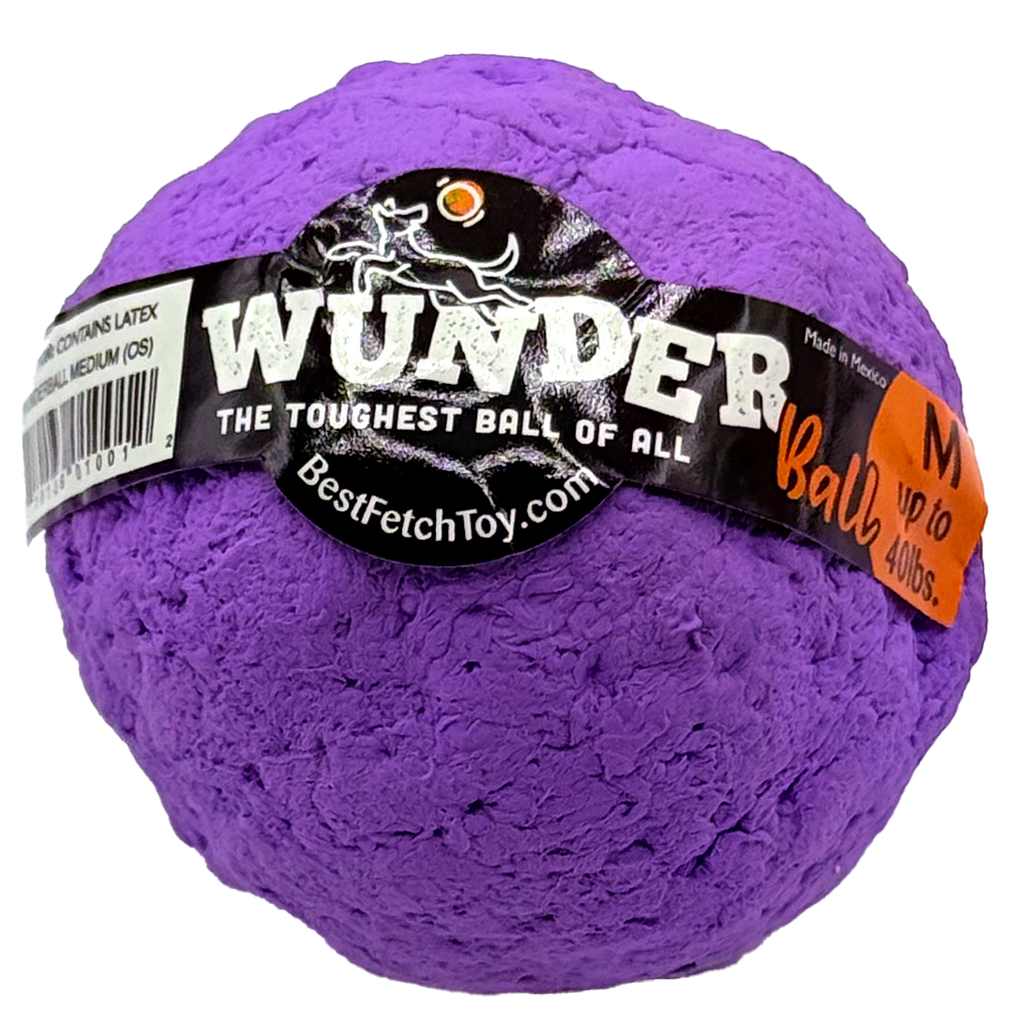 Purple textured dog fetch ball with black WUNDER label
