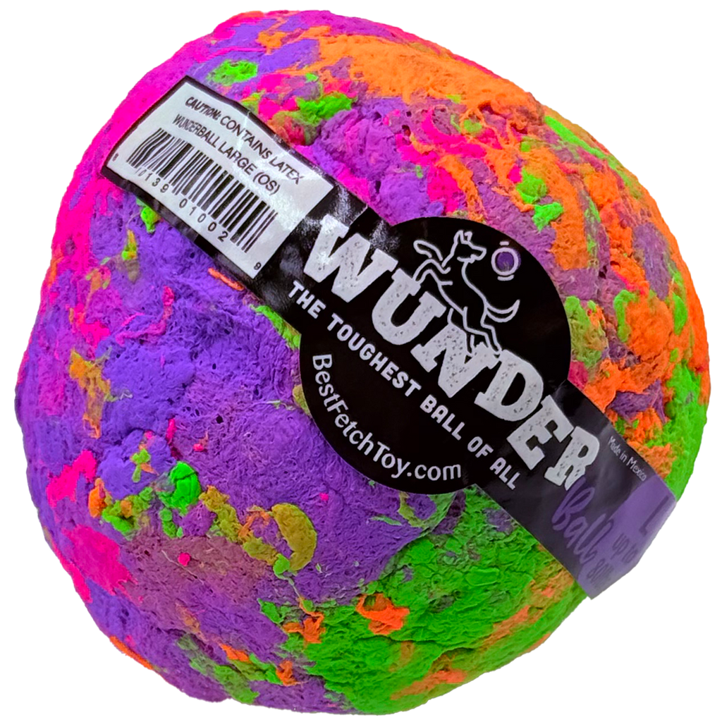 Multicolor textured dog fetch ball with bright swirl pattern.