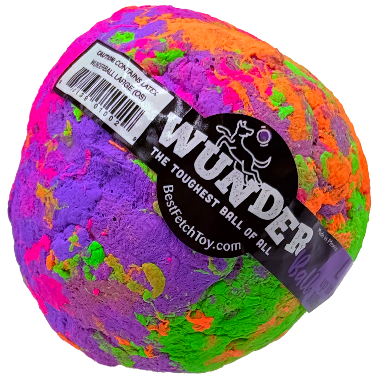 Multicolor textured dog fetch ball with bright swirl pattern.