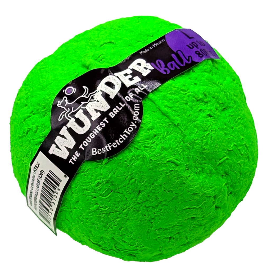 Bright green textured dog fetch ball with black WUNDER label