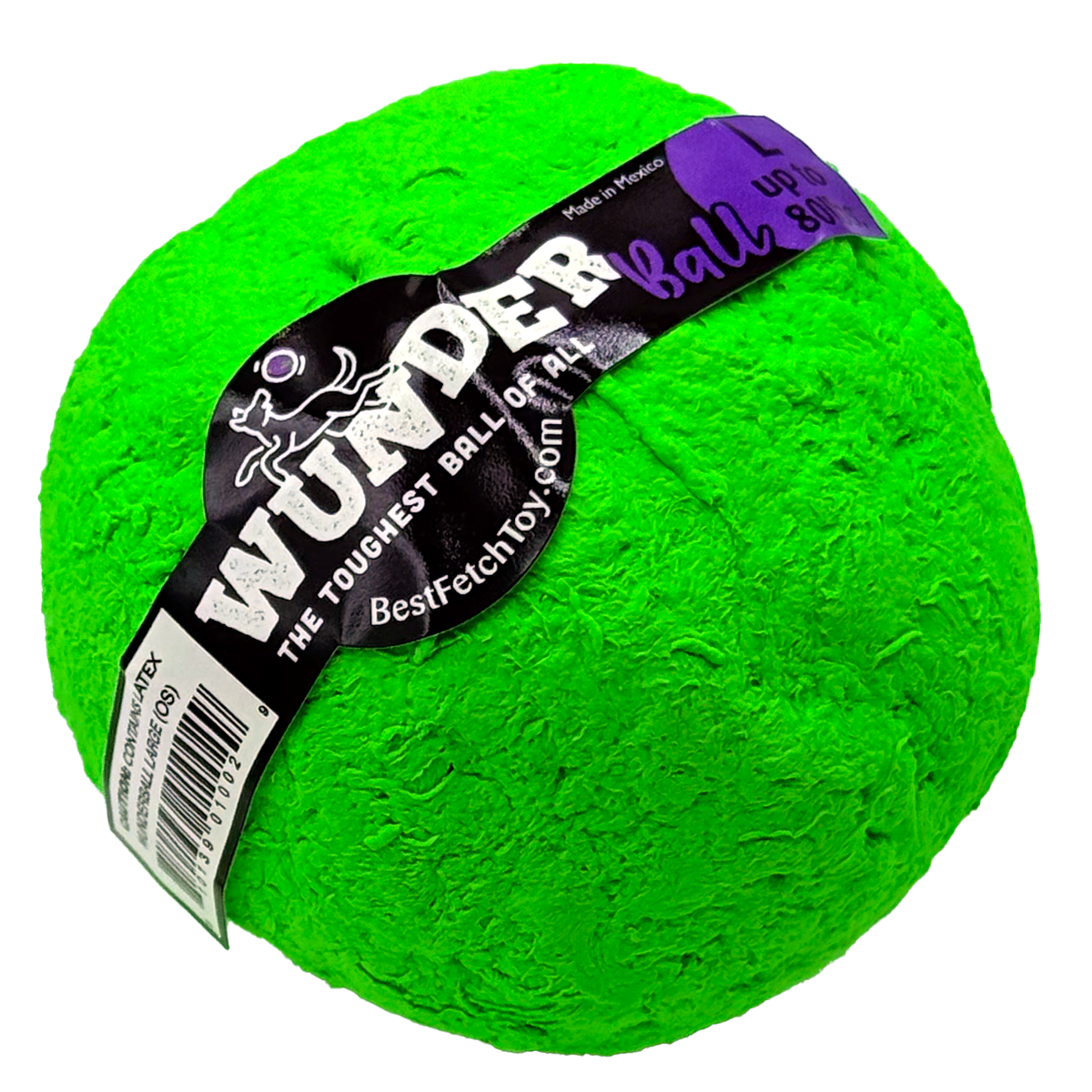 Bright green textured dog fetch ball with black WUNDER label