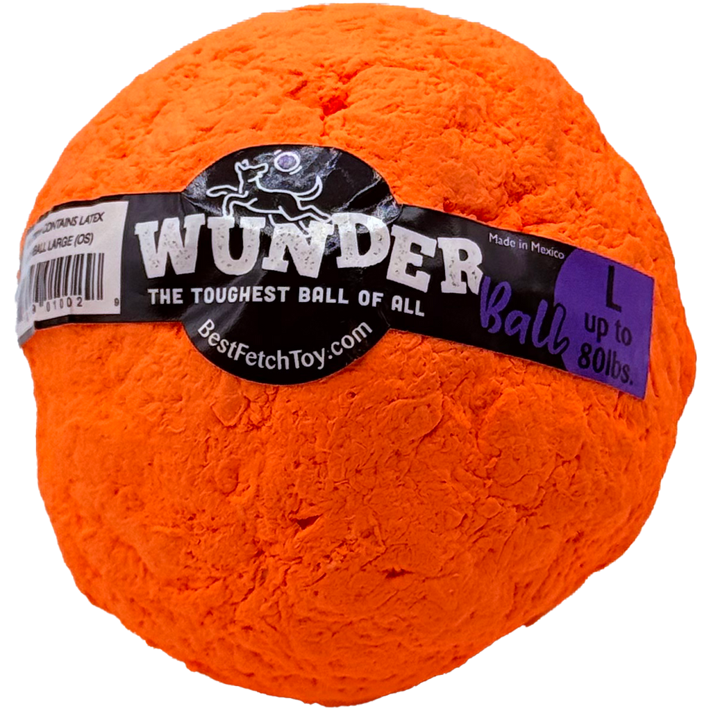 Orange textured dog fetch ball with black WUNDER label and purple text