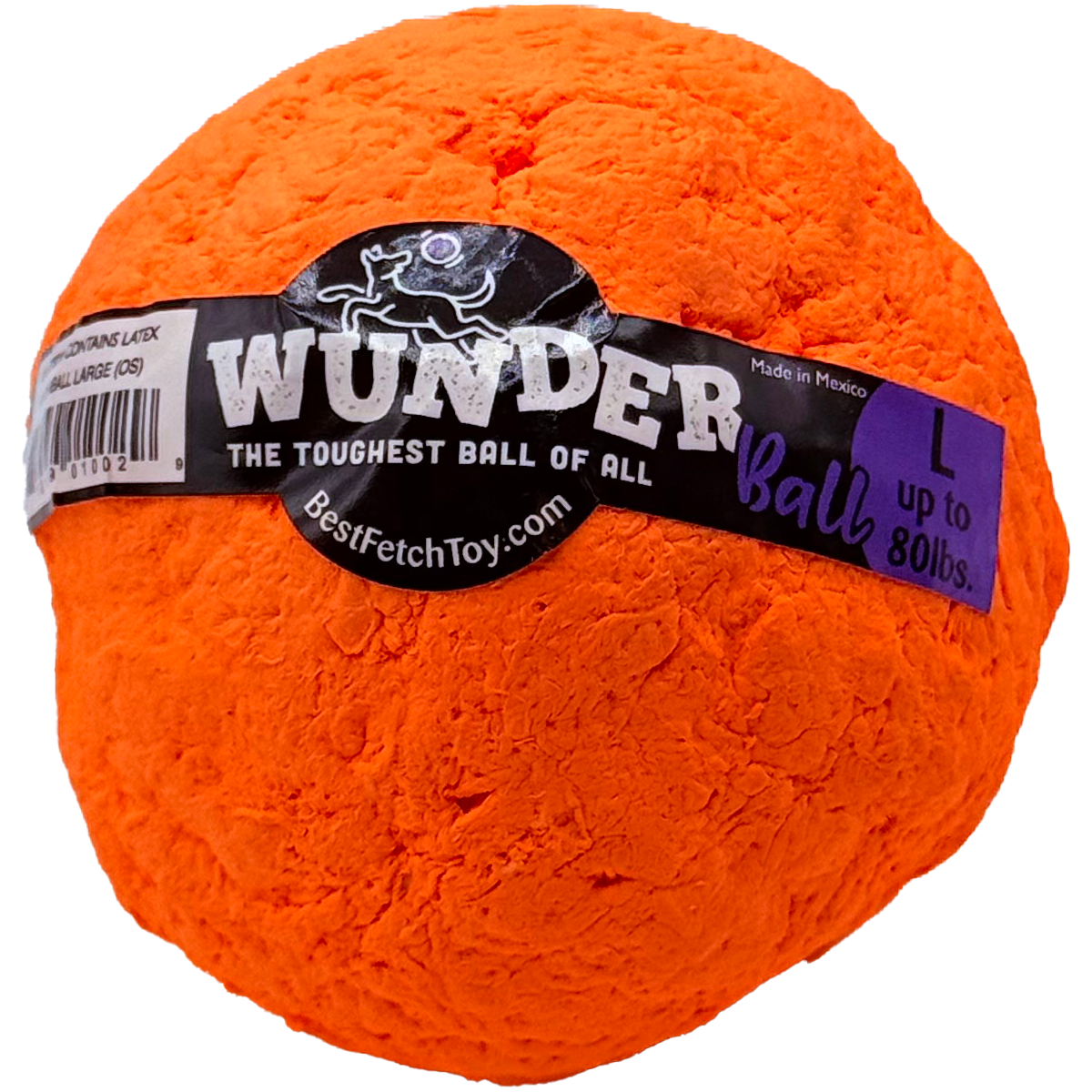 Orange textured dog fetch ball with black WUNDER label and purple text