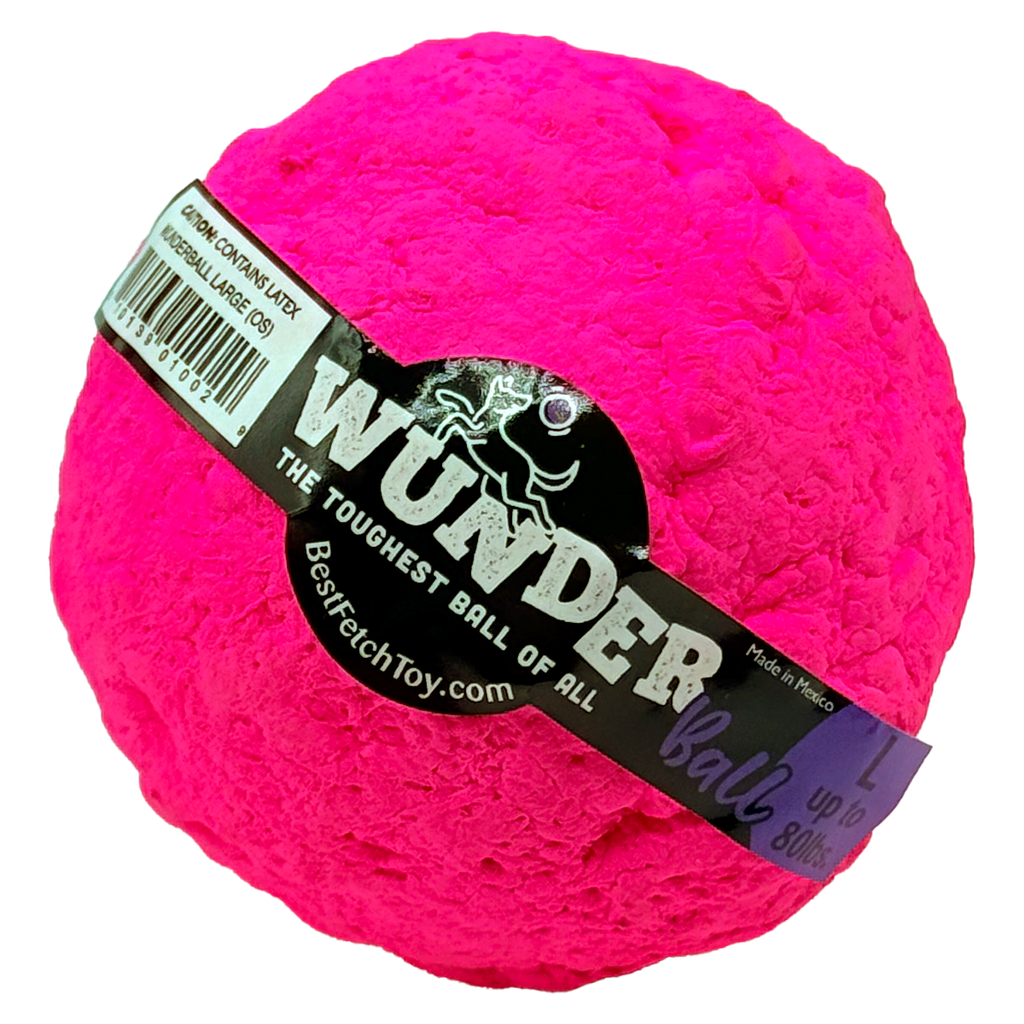 Hot pink textured dog fetch ball with black WUNDER label