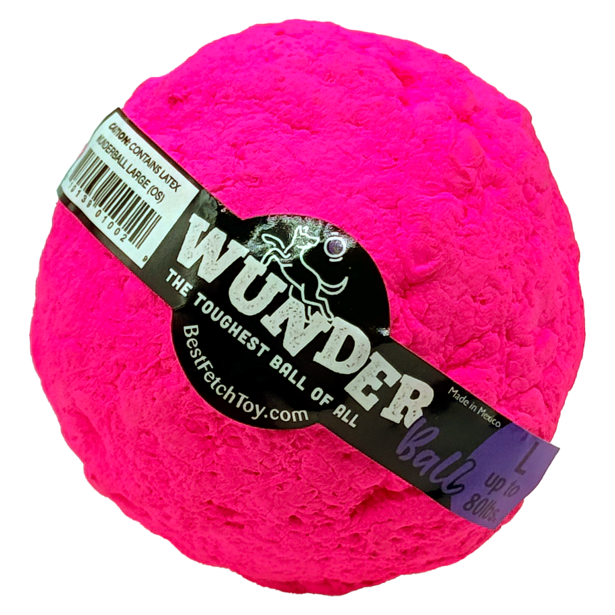 Hot pink textured dog fetch ball with black WUNDER label