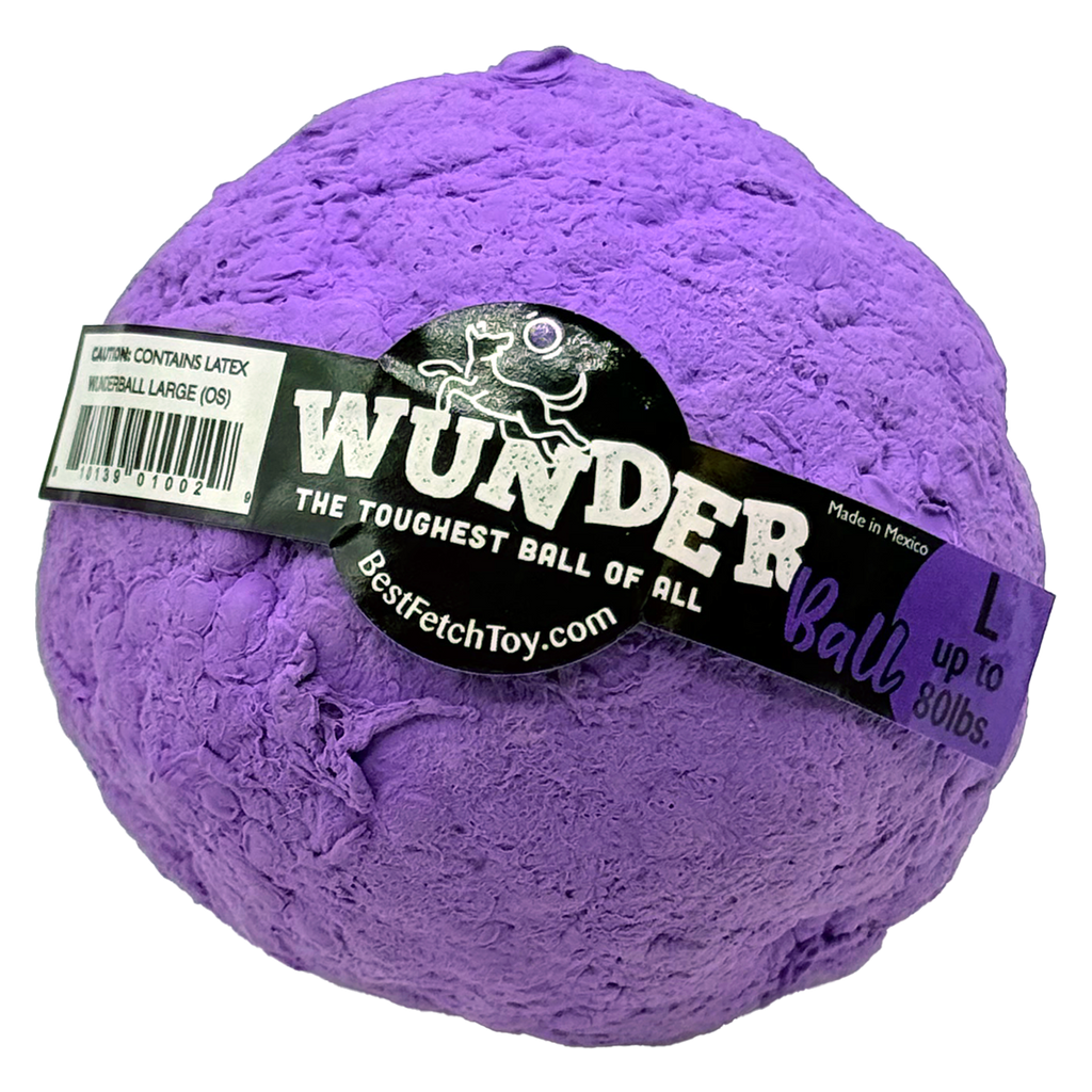 Purple textured dog fetch ball with black WUNDER label and size mark L