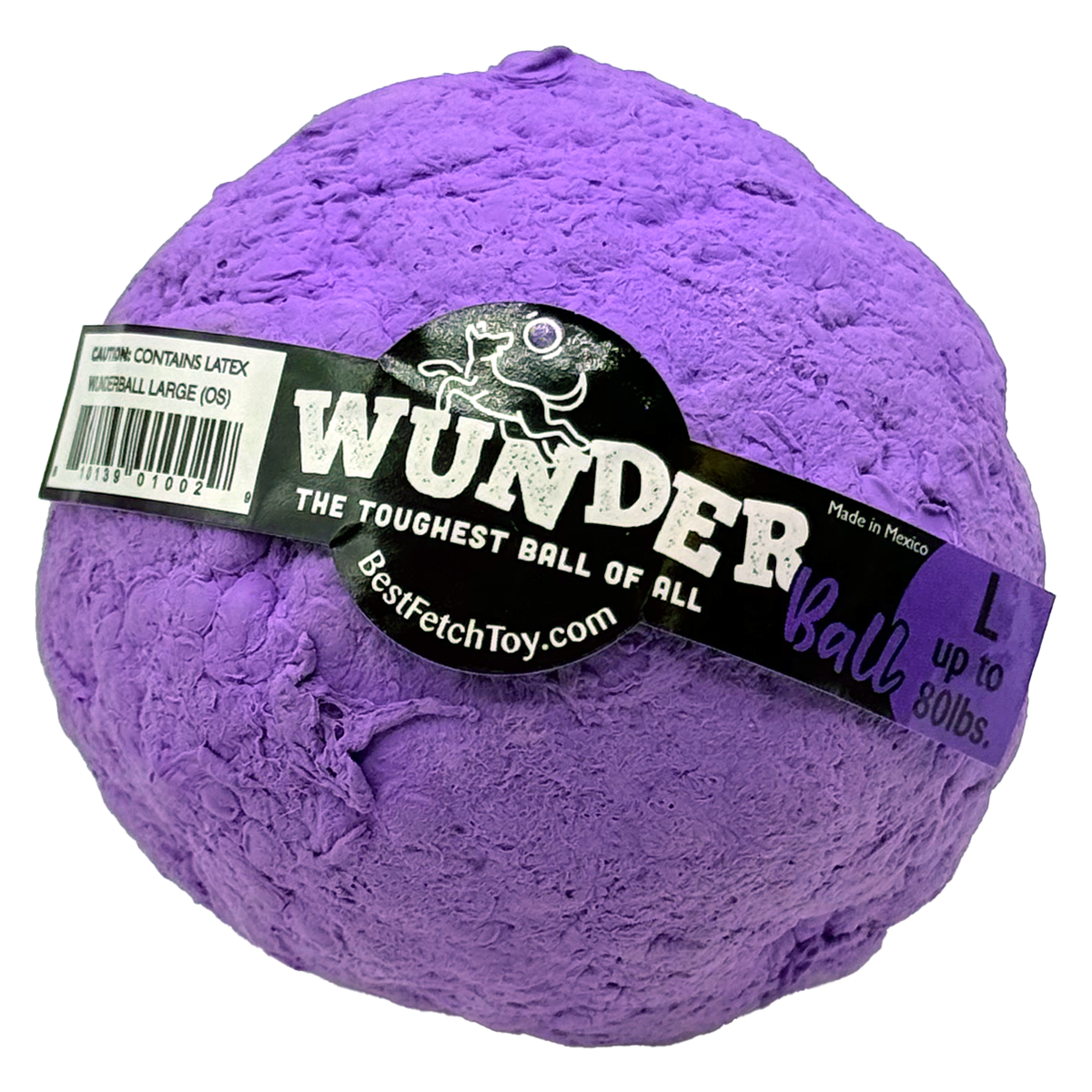 Purple textured dog fetch ball with black WUNDER label and size mark L