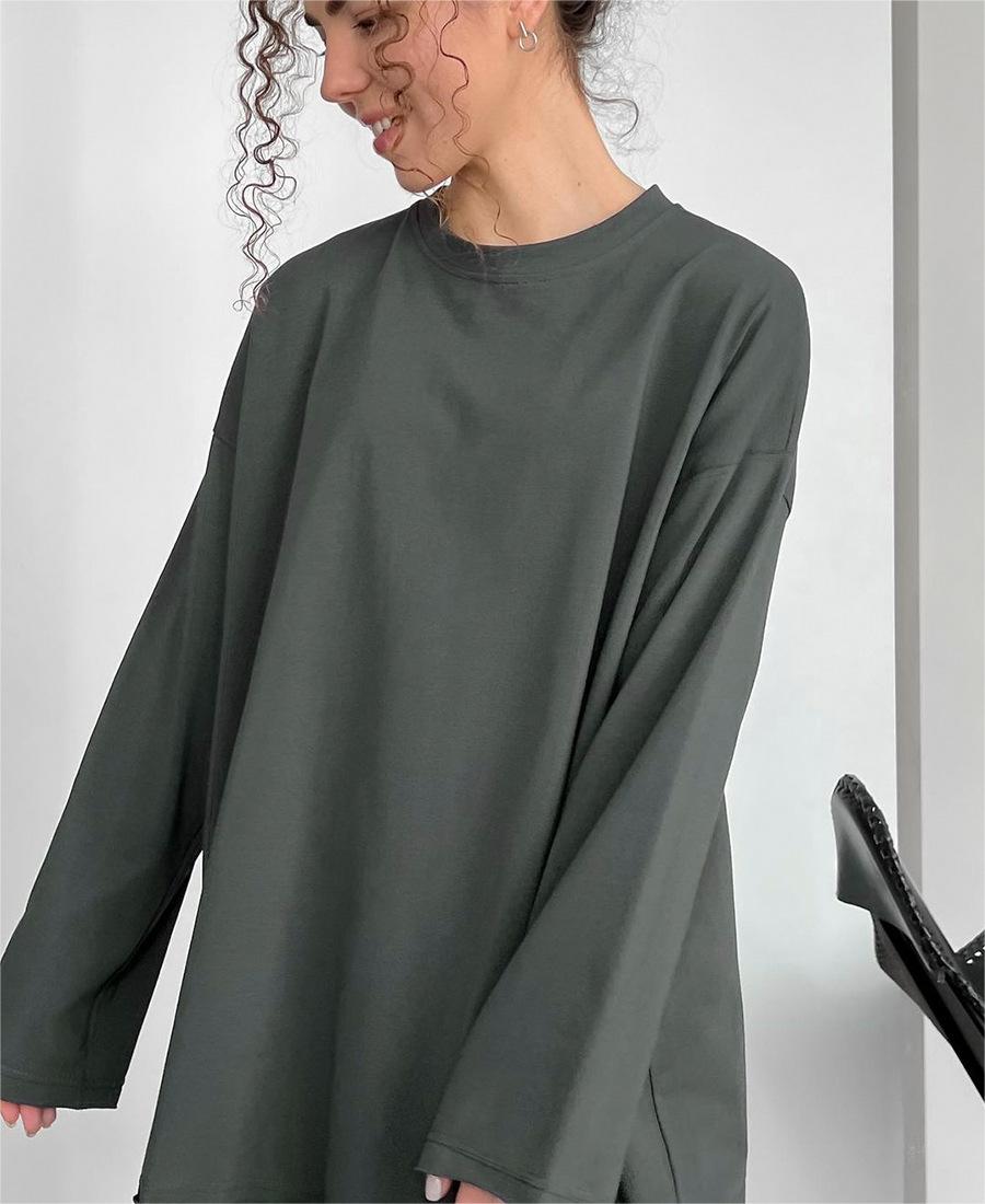 Women’s loose long-sleeve cotton T-shirt in dark green, crew neck and relaxed fit