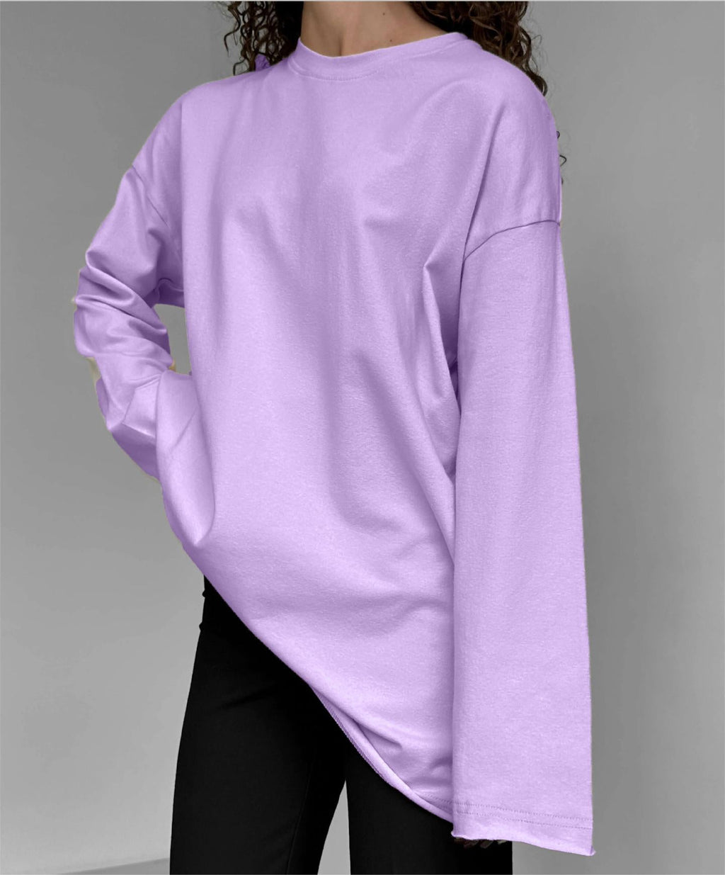Lavender long-sleeve loose cotton T-shirt with crew neck, dropped shoulder seams