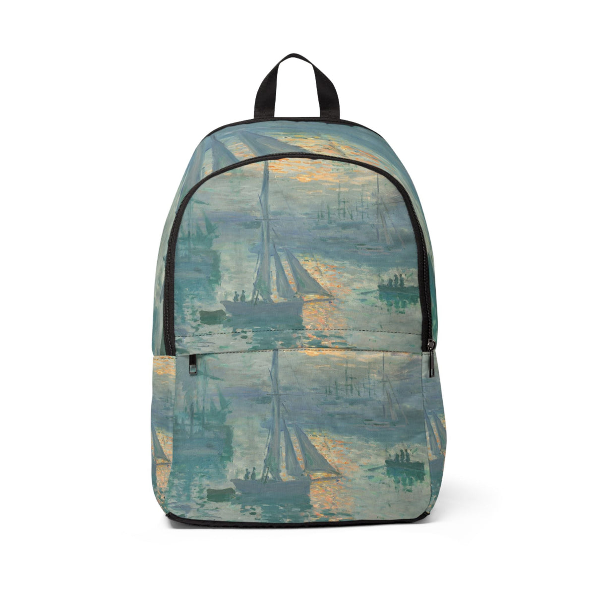 Ocean art print fabric backpack with black trim and top handle straps