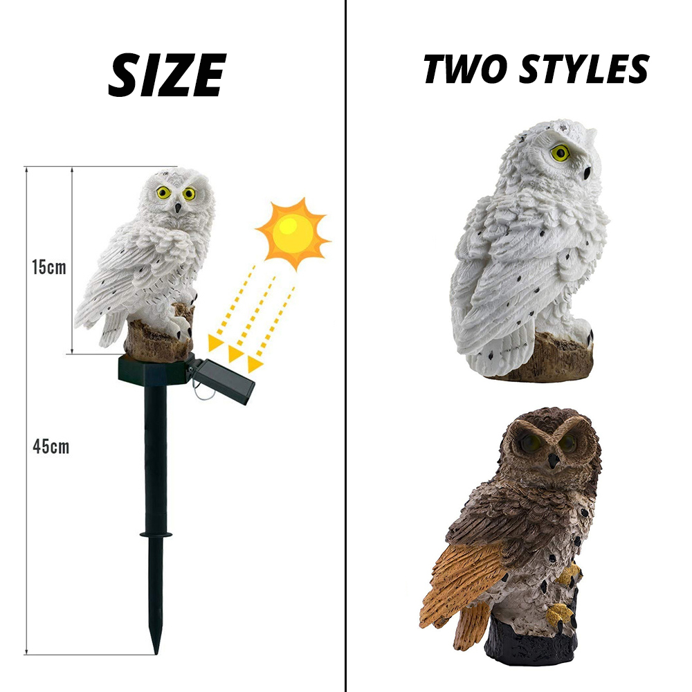 Solar owl garden light size chart showing two styles: white and brown owl