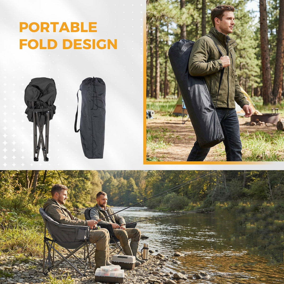 Portable folding camping chair with side cup-holder pocket and carry bag