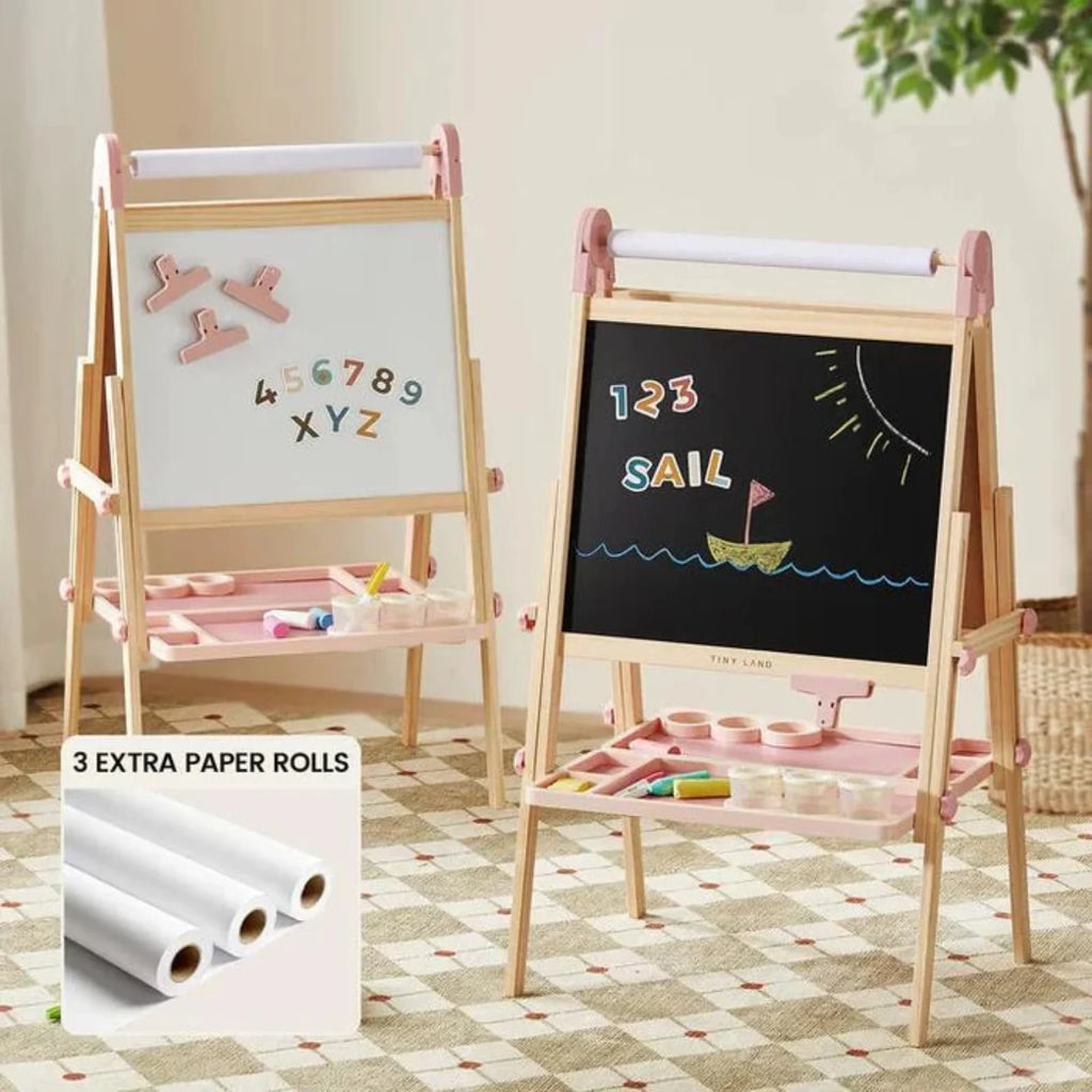 Pink magnetic drawing easel with black board and 3 extra paper rolls