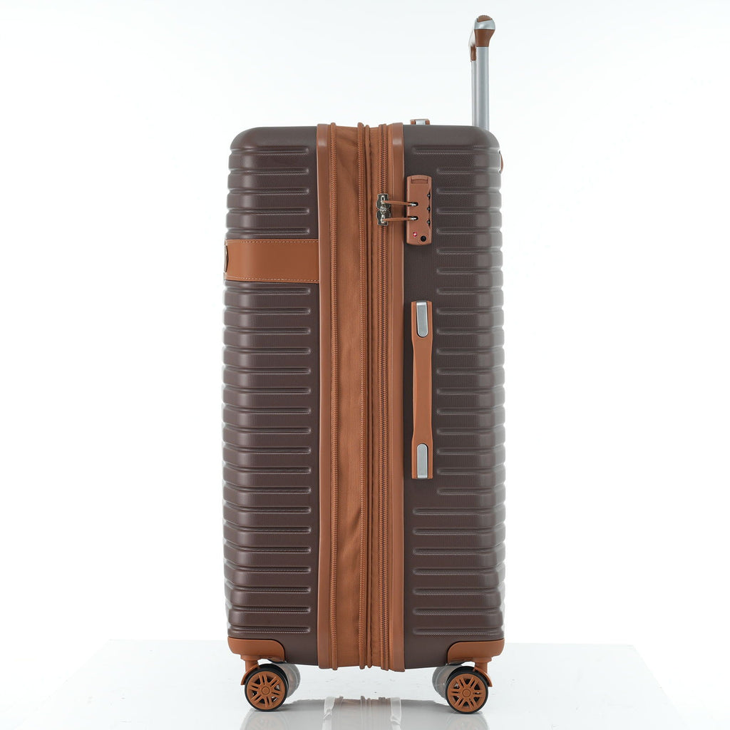 Dark brown hard-shell suitcase with tan side accents and vertical zipper panel