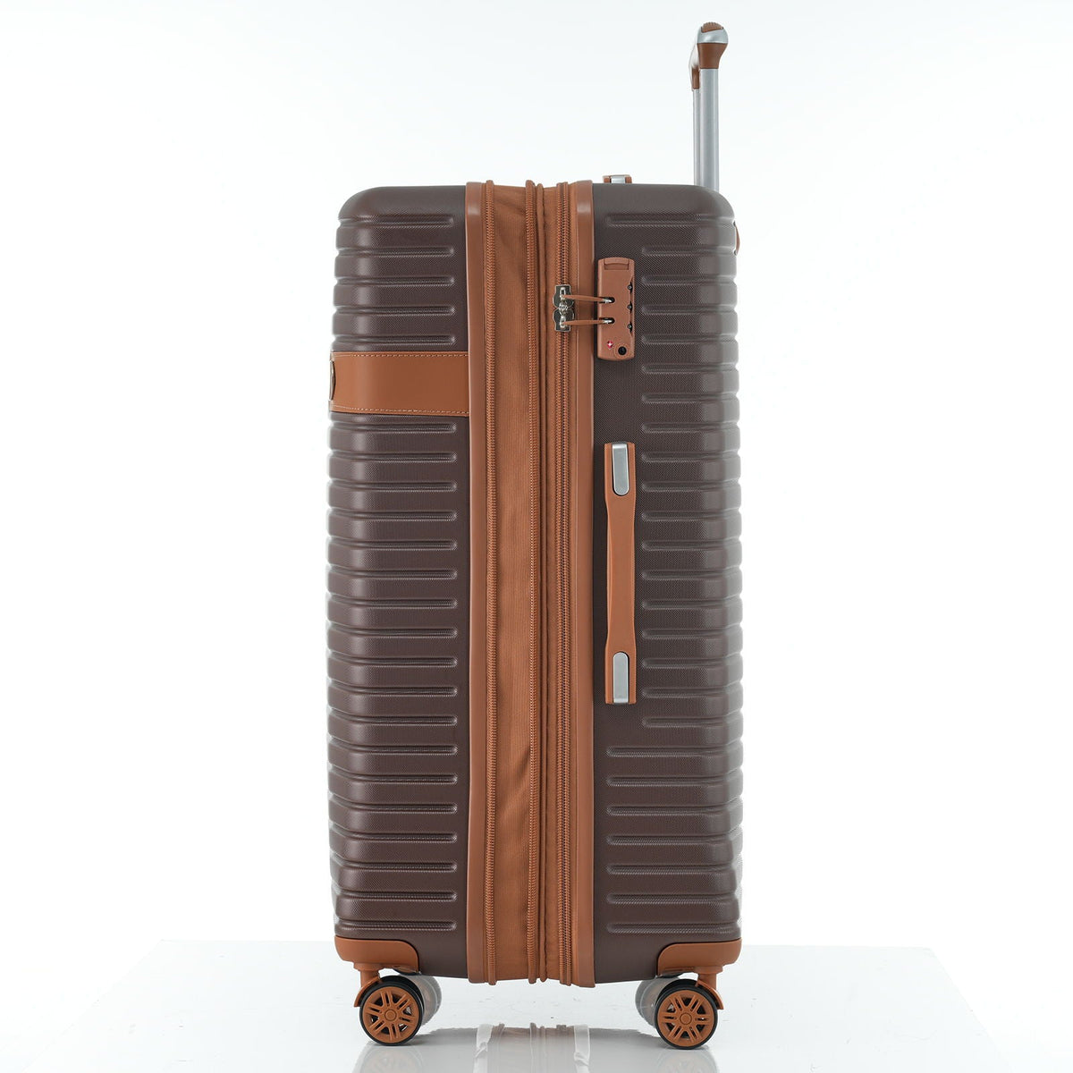 Dark brown hard-shell suitcase with tan side accents and vertical zipper panel