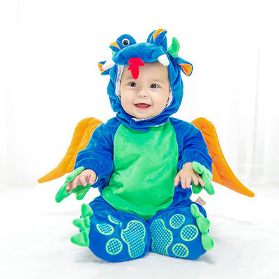 Baby Halloween animal jumpsuit in blue and green with colorful hood spikes and footies