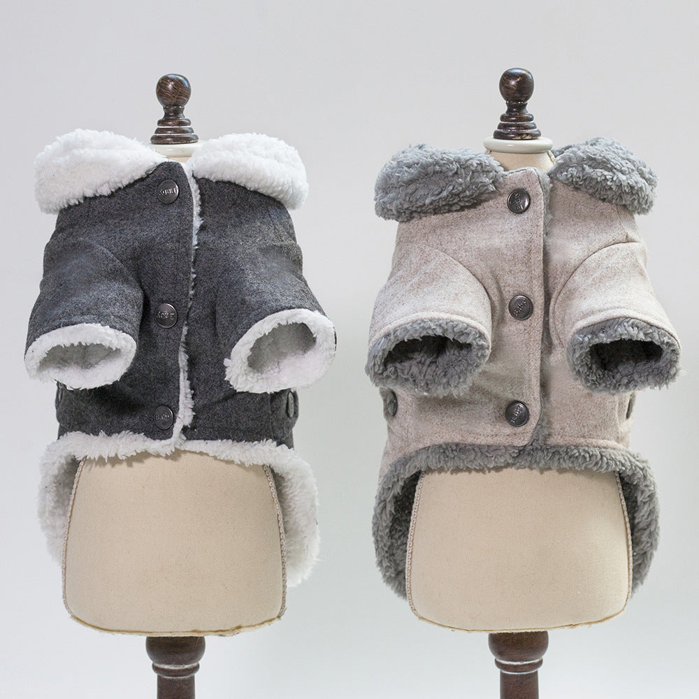 Dog winter fleece jacket set, dark grey and light grey, front zip style with hood