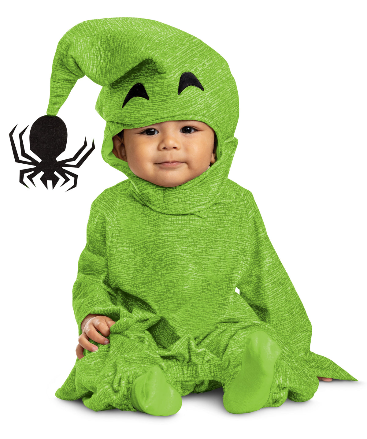 Green hooded infant costume jumpsuit with black spider face and web graphic