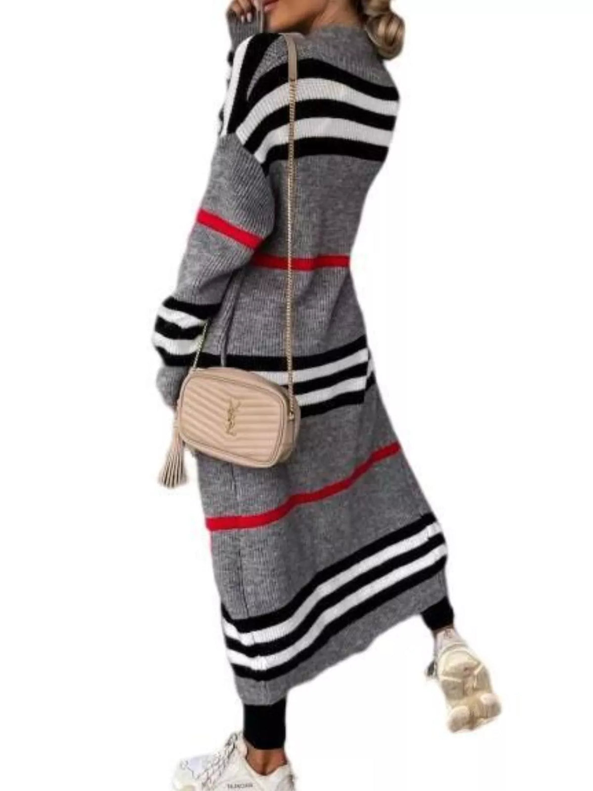Gray longline open-front cardigan with wide black-and-white stripes and red trim, long sleeves