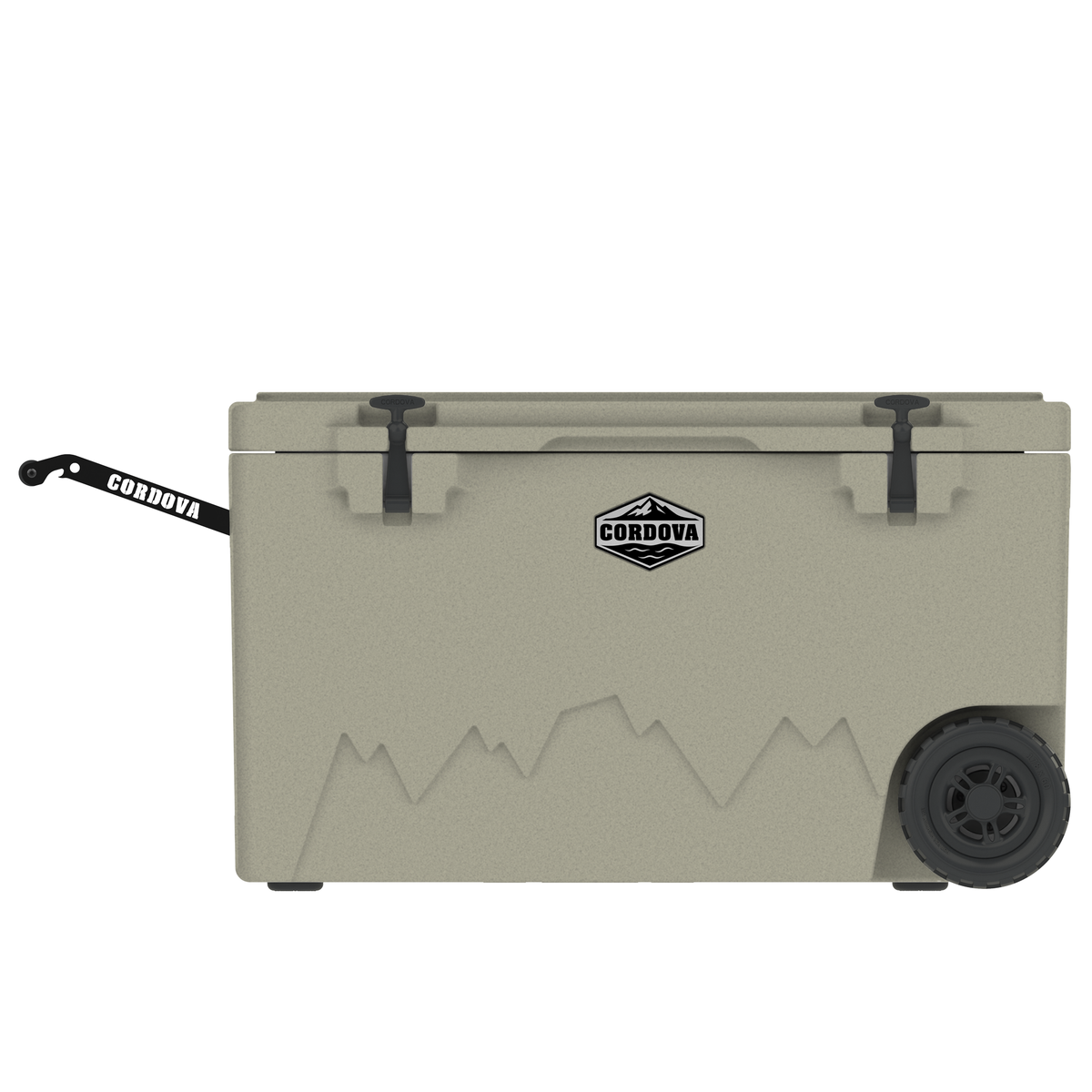 125 qt wheeled cooler, light sage green, with wheels and Cordova emblem