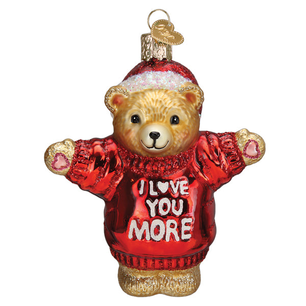 Front view hanging teddy bear ornament in red “I LOVE YOU MORE” sweater with gold accents