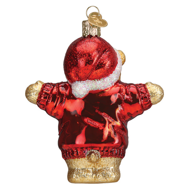 Back view hanging teddy bear ornament with red glitter cap and shiny red coat