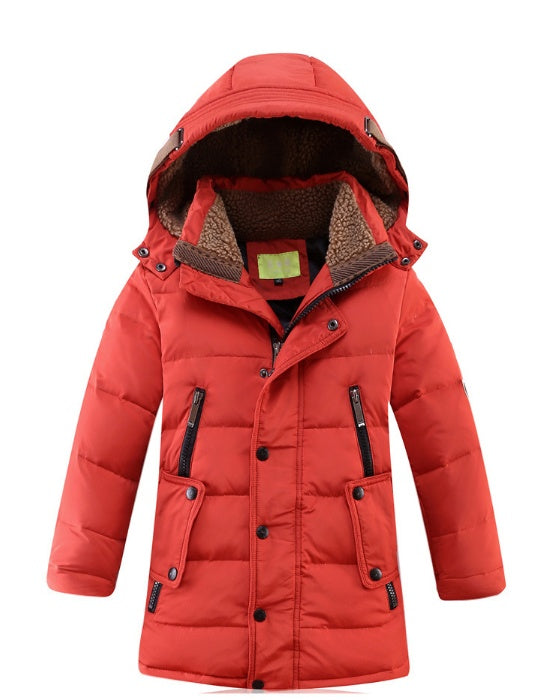 Children's winter puffer jacket, red, hooded with fleece lining and zip front pockets