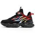 Black mesh boys sneakers with red flame stripe and thick speckled cushioning