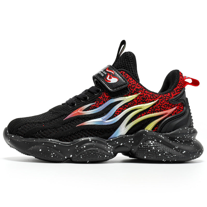 Black mesh boys sneakers with red flame stripe and thick speckled cushioning