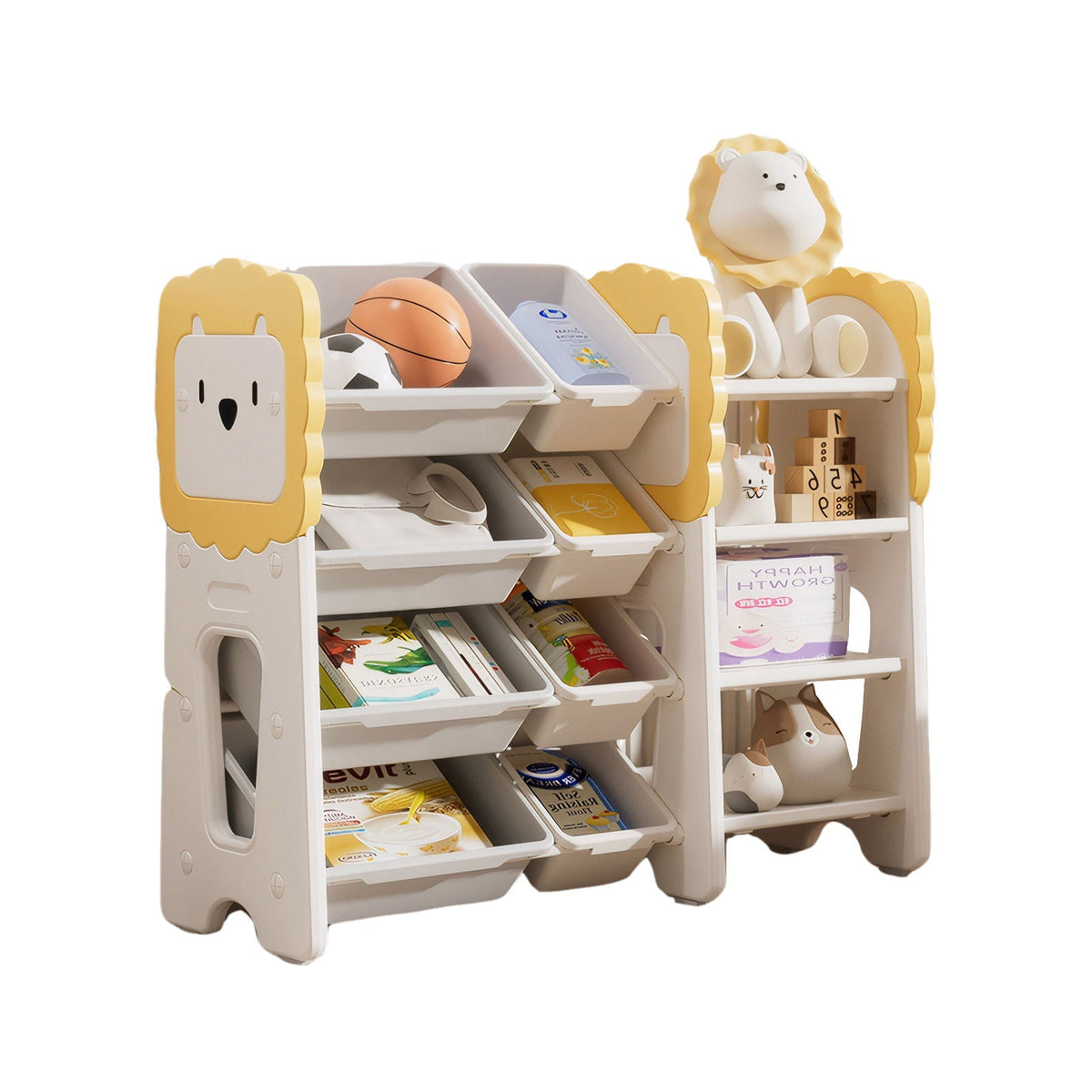 Kids 4-tier toy storage shelf with 8 removable bins, gray and white with yellow accents