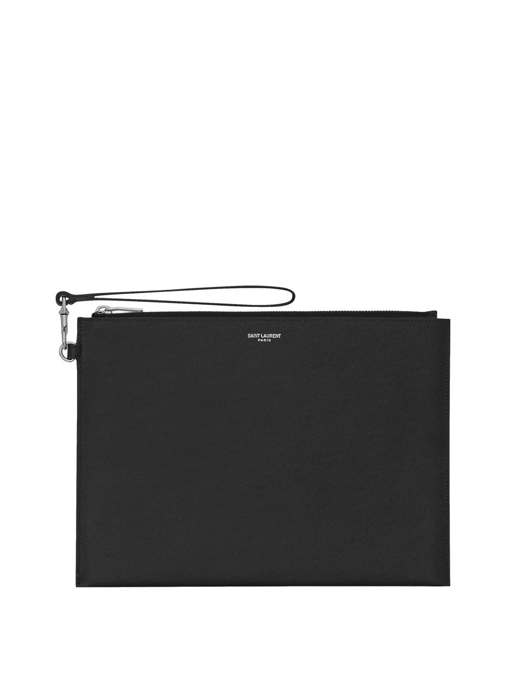 Black grain de poudre leather zipped tablet holder with top zipper and side rings