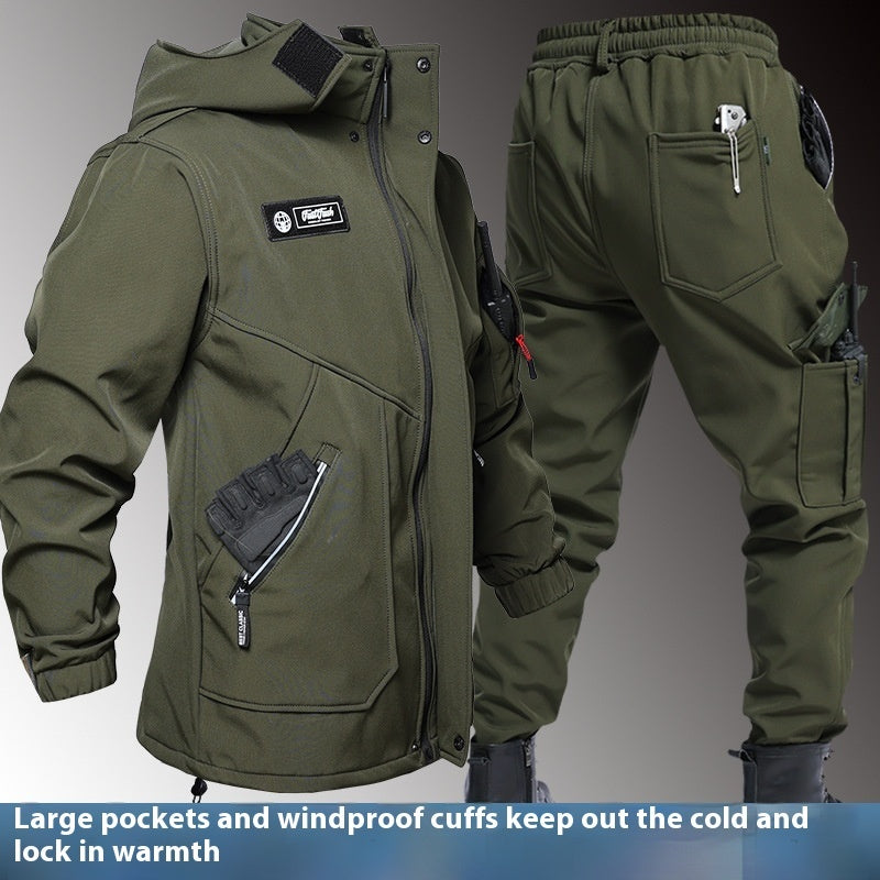 Olive green fleece-lined waterproof jacket and cargo pants set with hood and pockets