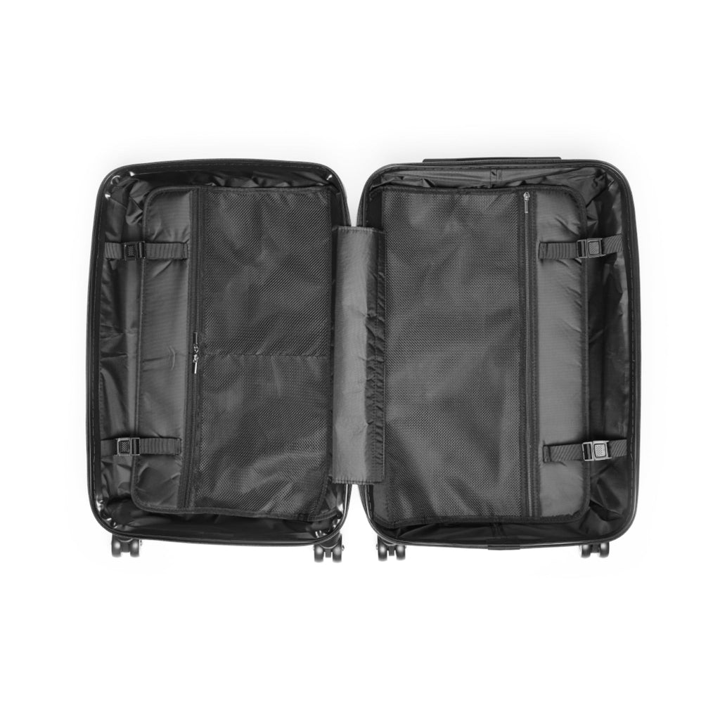 Hard-shell suitcase interior, open black shell with divider and straps