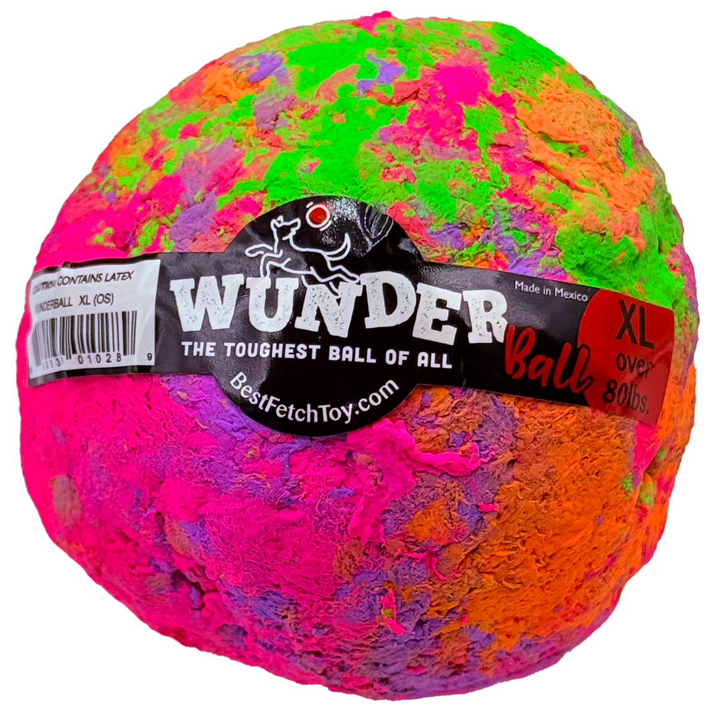 Multicolor latex fetch toy ball with WUNDER label, XL size.