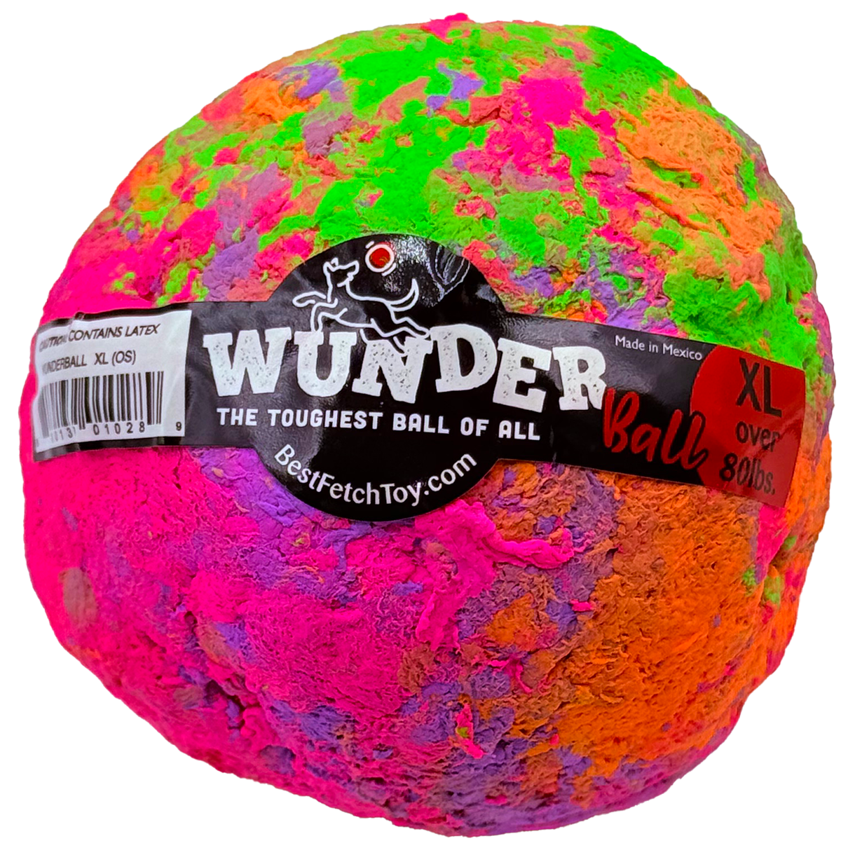 Multicolor latex fetch toy ball with WUNDER label, XL size.