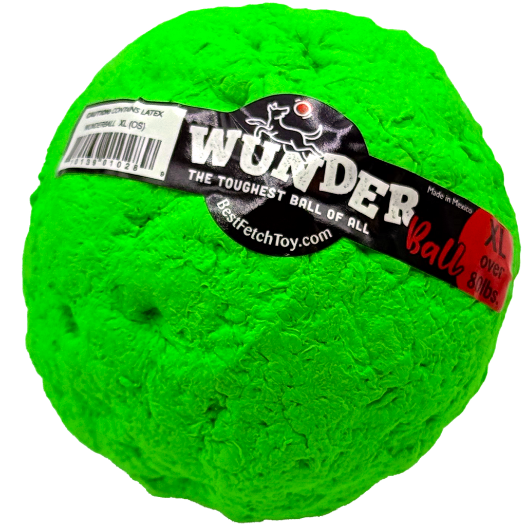 Green latex fetch toy ball with WUNDER label, XL size.
