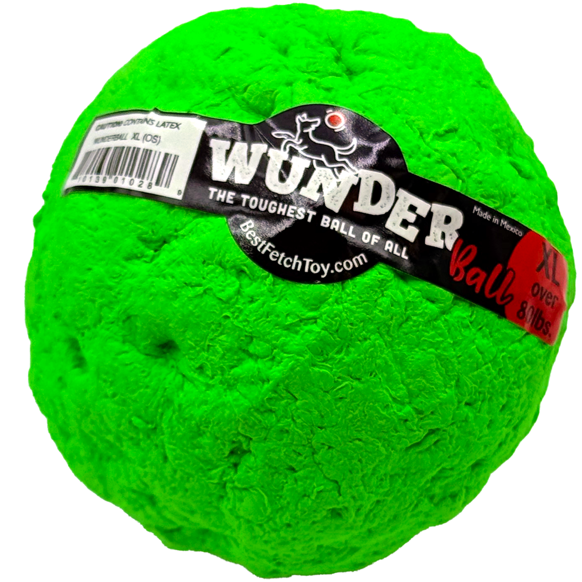 Green latex fetch toy ball with WUNDER label, XL size.