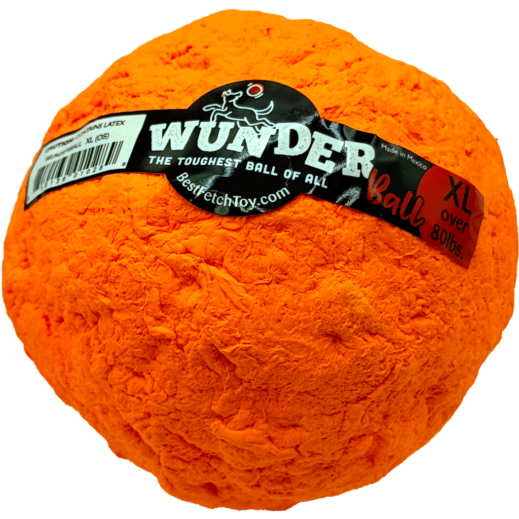 Orange latex fetch toy ball with WUNDER label, XL size.