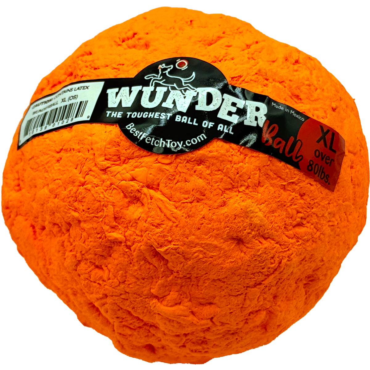 Orange latex fetch toy ball with WUNDER label, XL size.