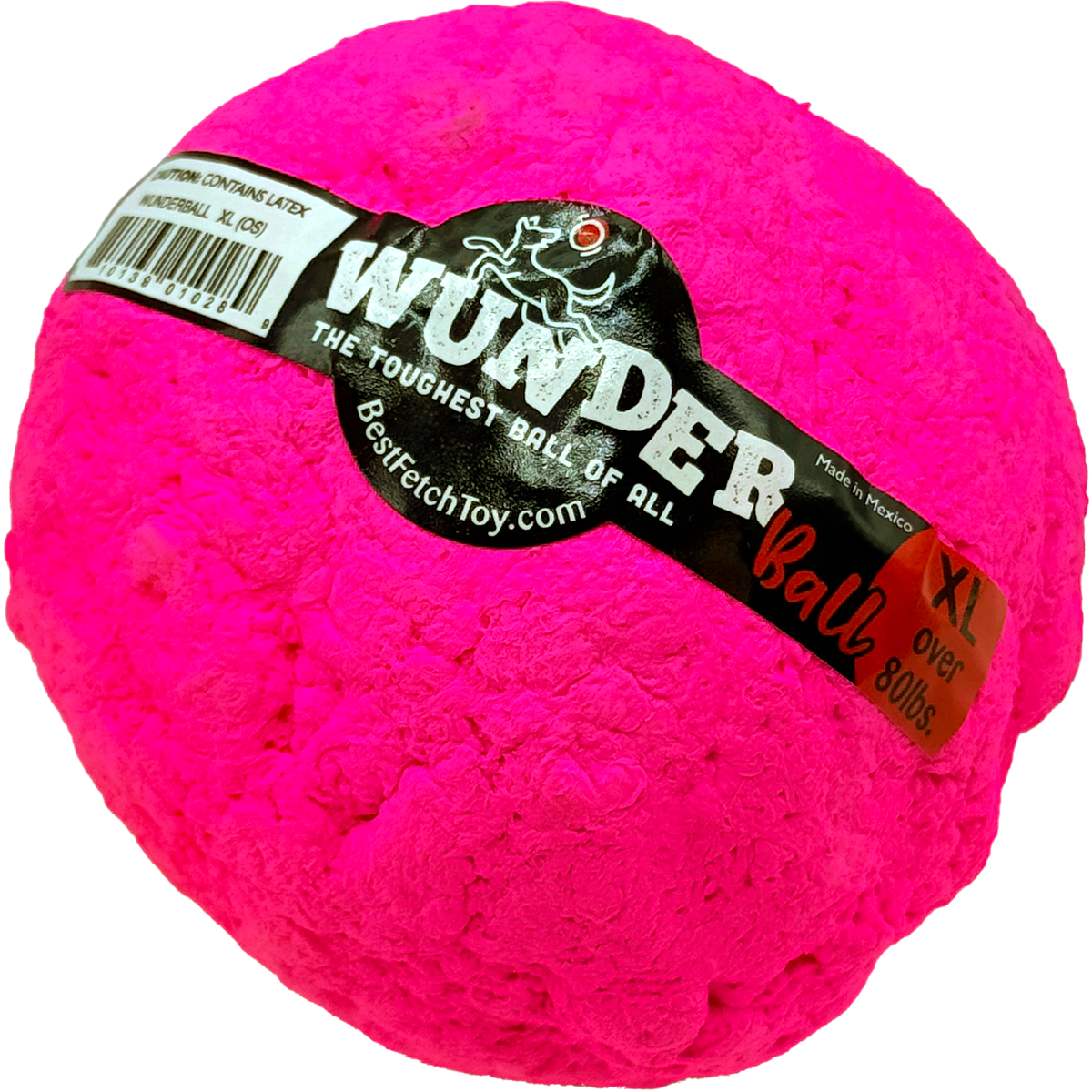 Pink latex fetch toy ball with WUNDER label, XL size.