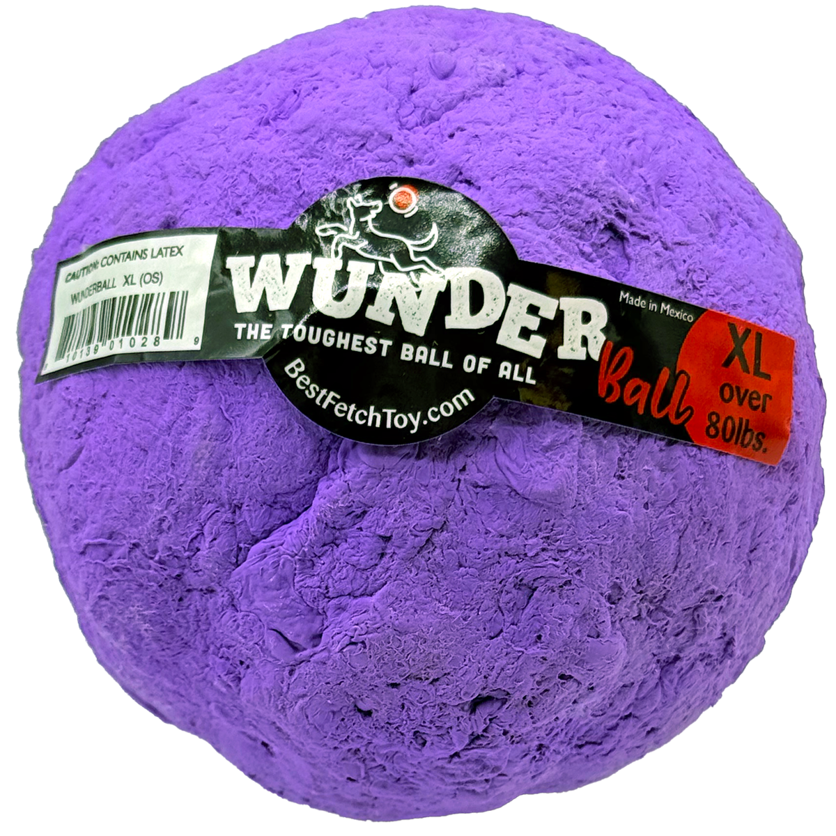 Purple latex fetch toy ball with WUNDER label, XL size.