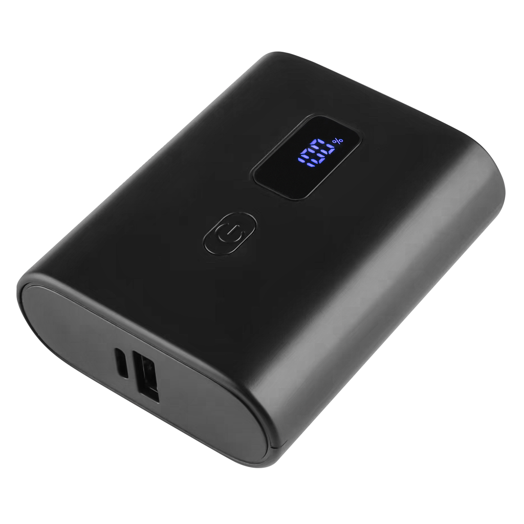 Heated jacket power bank with digital blue display and on/off button