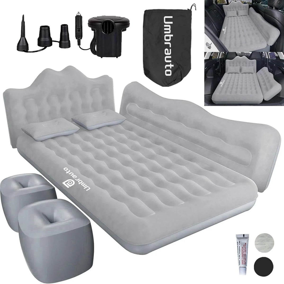 Gray inflatable car air mattress with two pillows and included pump accessories