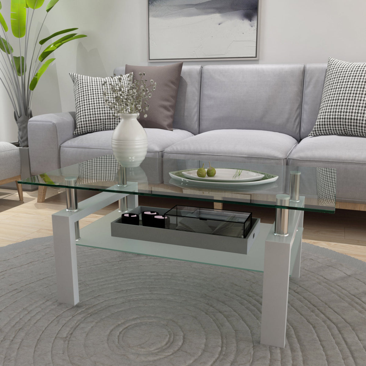 White glass coffee table with clear tempered glass top and lower storage shelf