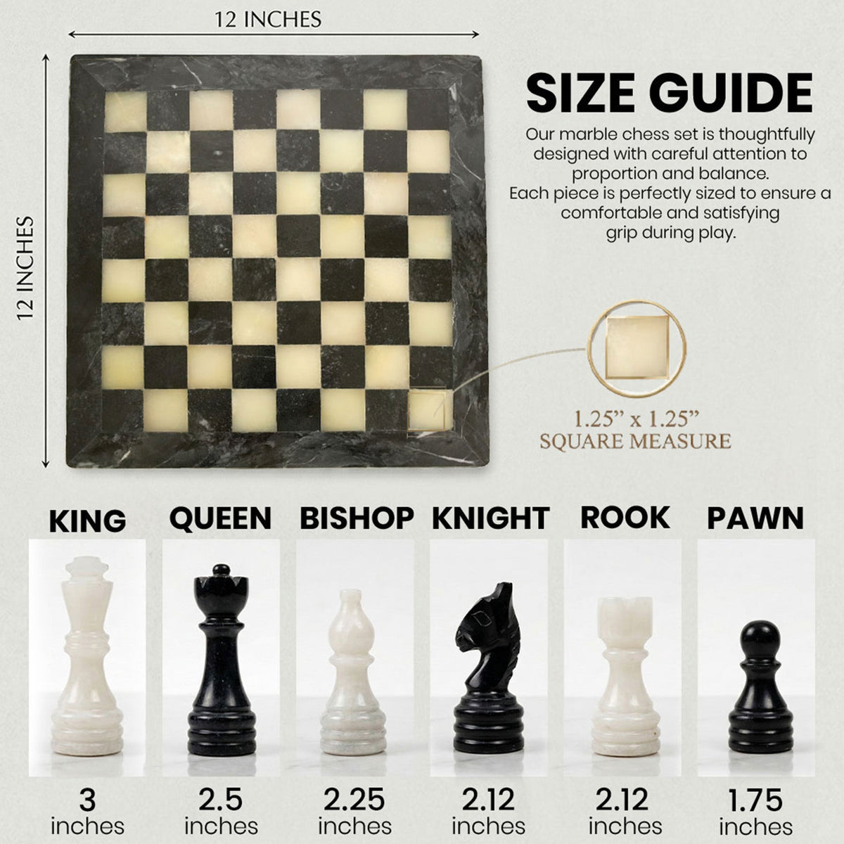 12-inch chess set view with a black-and-white board and piece size comparison
